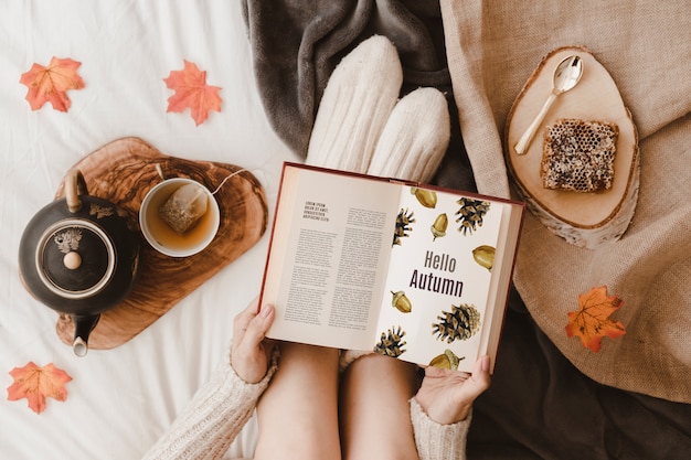 Download Autumn mockup with woman on bed | Free PSD File