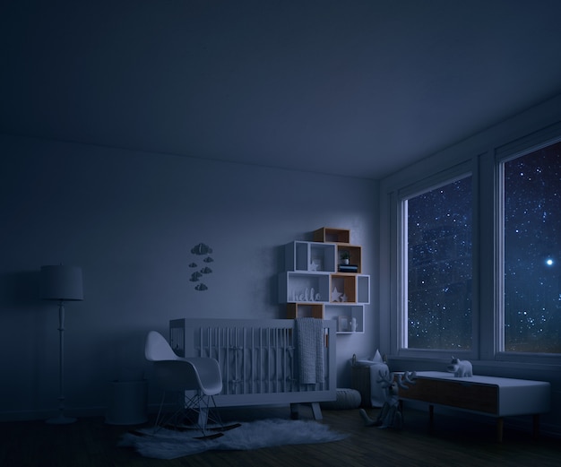 Baby's room with white crib at night | Free PSD File