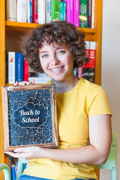 Back to school concept with girl showing slate