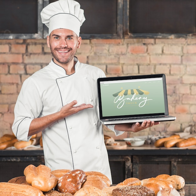 Download Bakery mockup with laptop PSD file | Free Download