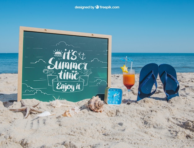 Download Beach Concept With Slate And Flip Flops Psd Mockup New Free Mockup Design PSD Mockup Templates