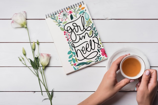 Beautiful notebook cover mockup with floral decoration PSD Template