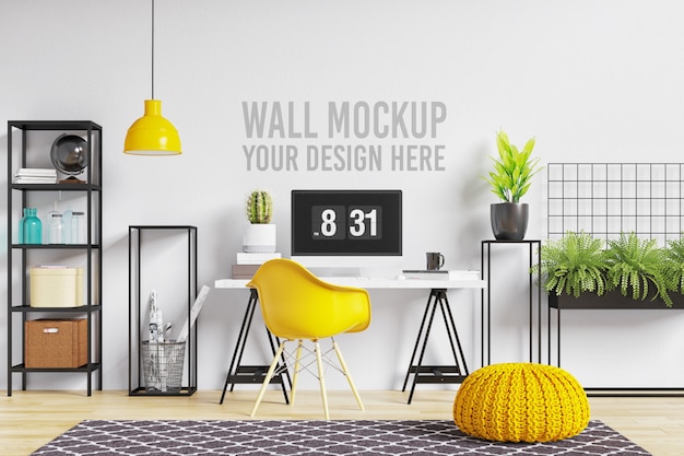 Beautiful Wall Mockup Interior Workspace In White And Yellow