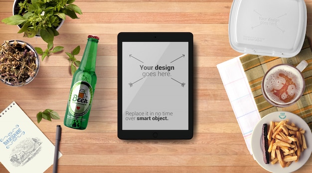 Beer bottle and tablet mockup wooden tablet background | Premium PSD File