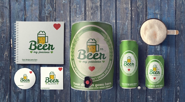 Download Premium PSD | Beer cans & keg on rustic table mockup