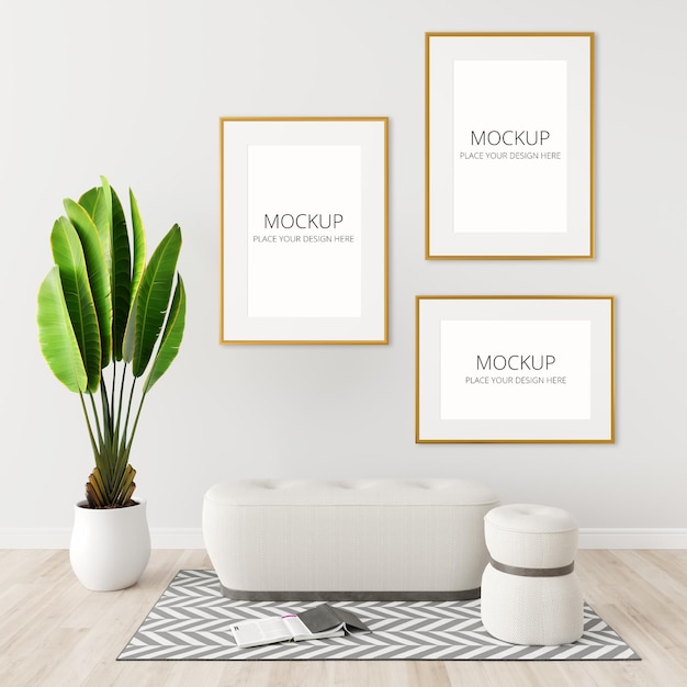 Download Free Psd Bench In White Living Room With Frame Mockup