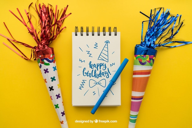 Birthday concept with notepad PSD Template