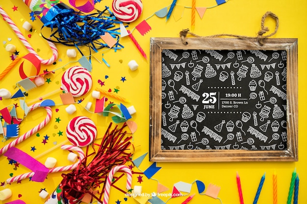 Download Birthday Decoration With Slate Candy And Confetti Psd Template Download Free Psd T Shirt Mockup Templates PSD Mockup Templates