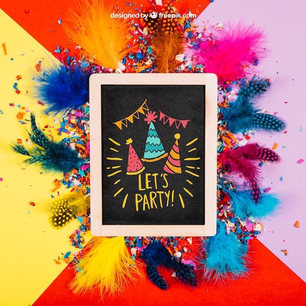 Download Birthday mockup with slate and feathers PSD Template