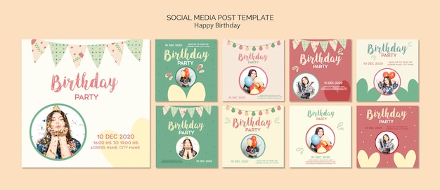 Free PSD | Birthday party social media posts template with photo