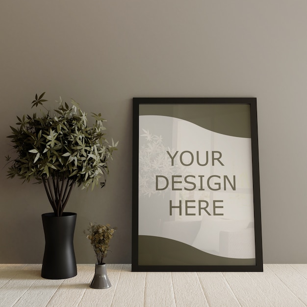Black Frame Mockup Standing On Wooden White Floor With Decorative