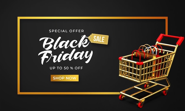 Premium Psd Black Friday Sale Banner Template With 3d Shop Bags On Shopping Cart