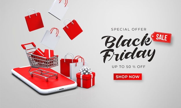 Premium Psd Black Friday Sale Banner Template With 3d Shopping Cart On The Smartphone