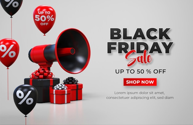 Black friday sale banner template with gift box, megaphone and balloons Premium Psd