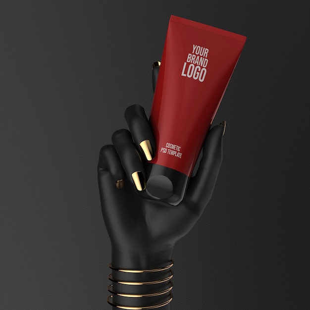 Download Black hand with red cream tube mockup 3d illustration | Premium PSD File