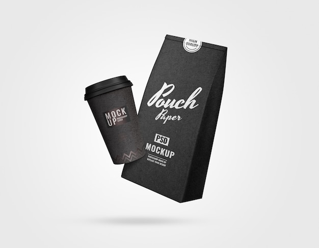 Download Premium PSD | Black luxury pouch and cup of coffee mockup