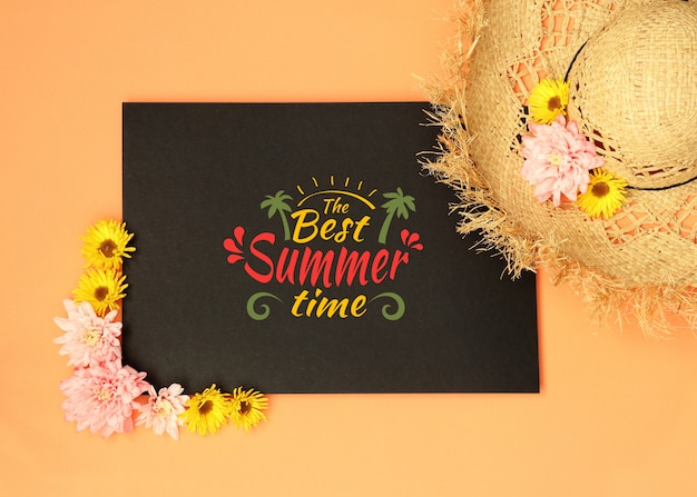 Download Black summer mockup with straw hat and flowers PSD file ...