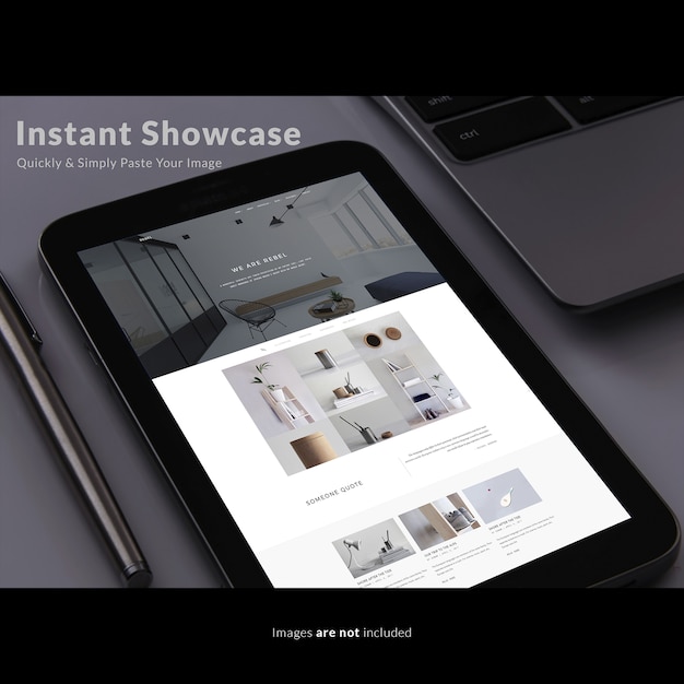 Black tablet on desk mock up PSD Template