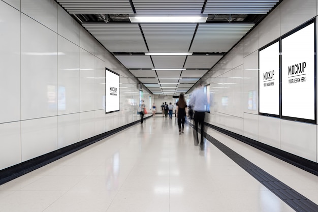 Download Blank billboard located in underground hall or subway for advertising, mockup concept, low light ...