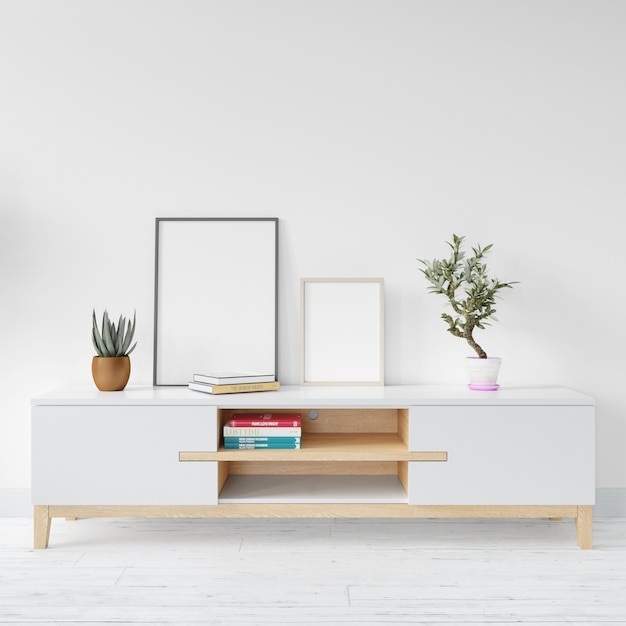 Blank white frame mockup on wooden table | Free PSD File