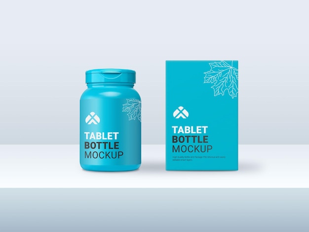 Download Premium Psd Blue Pill Bottle With Rectangular Cardboard Package Mockup