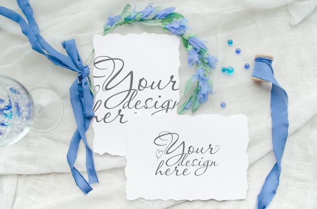 Download Premium Psd Blue Wedding Invitation Set Mockup Decorated With Silk Ribbon Crystals And Bride Wreath PSD Mockup Templates