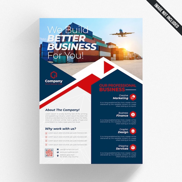 Blue and white business flyer with red details PSD Template