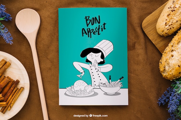 Download Book cover mockup with spoon and bread PSD file | Free Download
