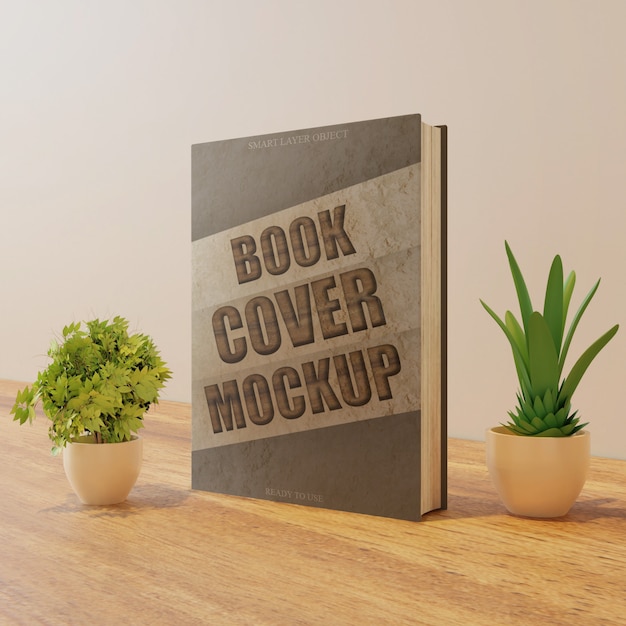 Download Book cover mockup on wooden table with couple plants ...