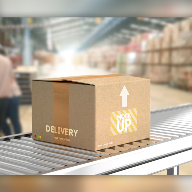 Download Box On Conveyor Roller In Warehouse Mock Up Psd Template Free Psd Mockups Templates PSD Mockup Templates