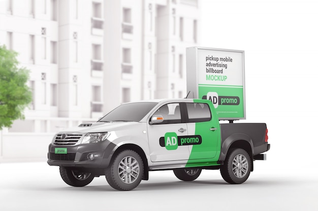 Download Premium Psd Branded Pickup Truck With Mobile Advertising Billboard Mockup