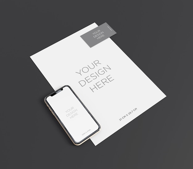 Download Premium Psd Branding Mockup With Smartphone Business Card And A4 Paper Perspective View PSD Mockup Templates