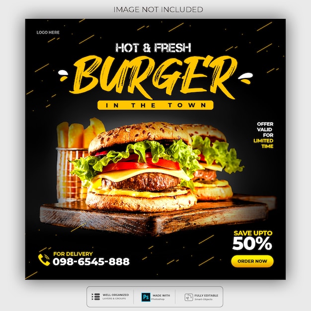 Burger square banner for social media Premium Psd