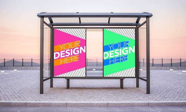 Premium PSD | Bus stop with two poster mock up