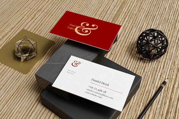 Download Premium PSD | Business card mockup in marble and wooden floor