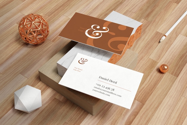 Download Premium PSD | Business card mockup in white marble and wooden floor