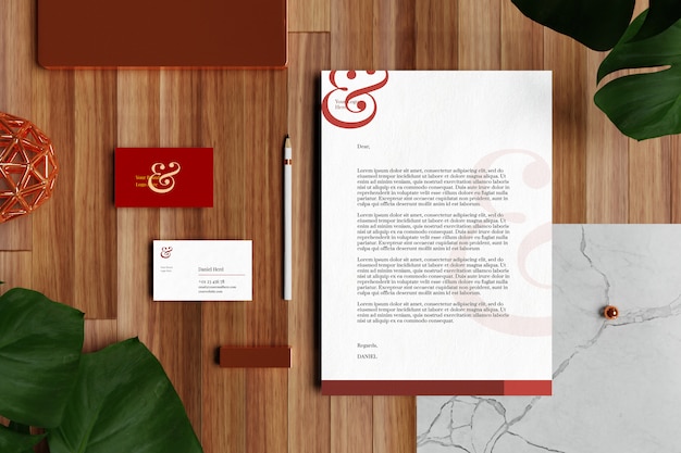 Download Premium Psd Business Card With Letterhead A4 Document And Stationery Mockup In Wooden Floor PSD Mockup Templates