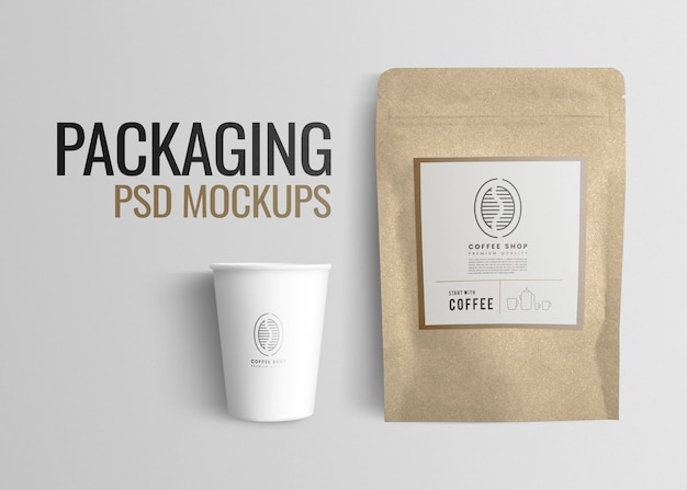 Download Free Psd Cafe Psd Mockup With Coffee Bean Pouch And Paper Cup