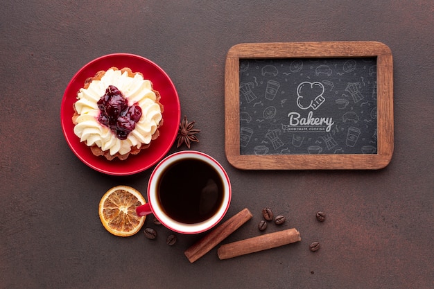 Download Cake with black coffee and blackboard mockup PSD file | Free Download