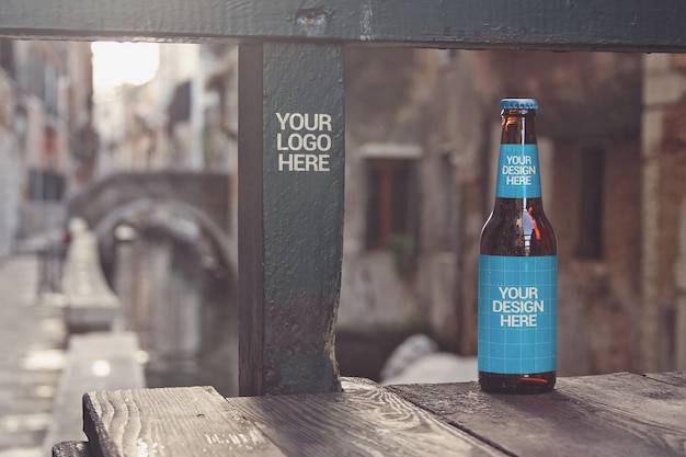 Download Canal bridge beer bottle mockup | Premium PSD File