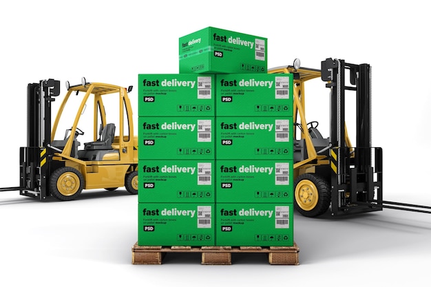 Download Premium Psd Cardboard Boxes On A Wooden Pallet With Forklifts Mockup