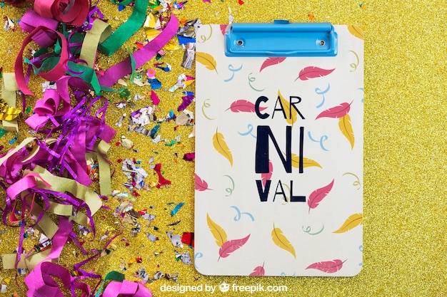 Download Carnival mockup with clipboard and confetti on left | Free PSD File