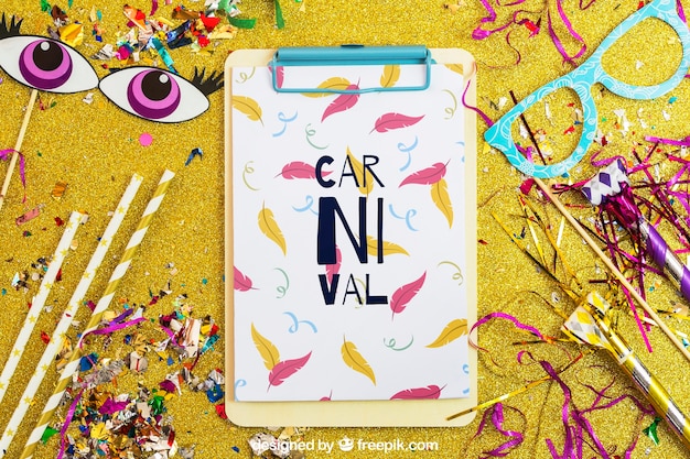 Download Carnival mockup with clipboard and confetti | Free PSD File