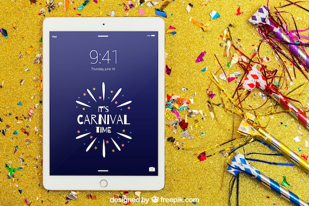 Download Carnival mockup with tablet and confetti PSD file | Free Download