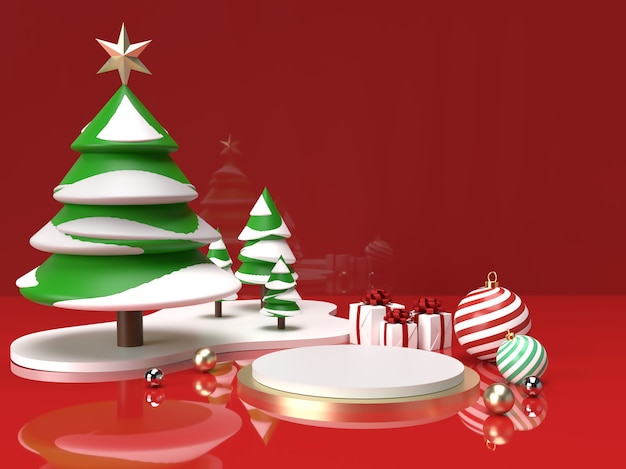 クリスマスツリー ボール ギフトの3d製品ステージシーンでクリスマスのお祝い プレミアムpsdファイル