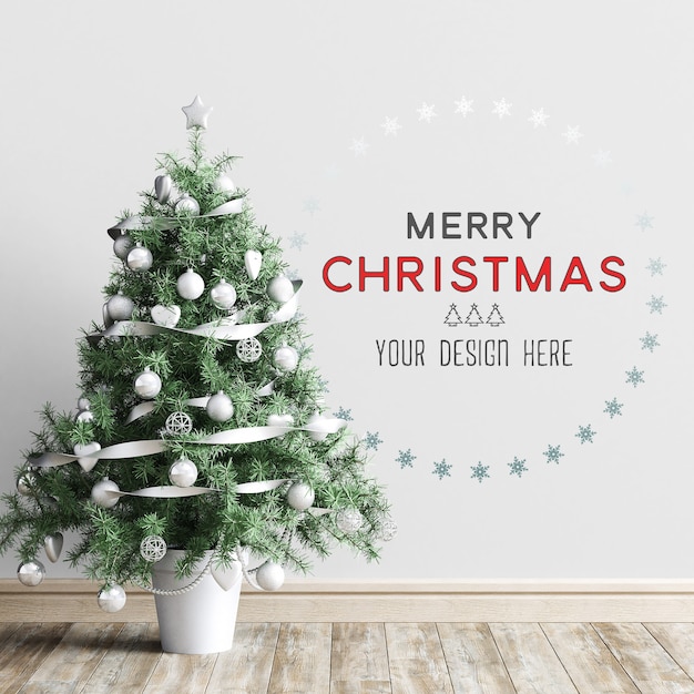 クリスマスツリーと壁紙のモックアップでクリスマスの装飾 プレミアムpsdファイル