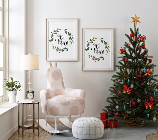 Premium PSD | Christmas living room with mockup poster frame and ...