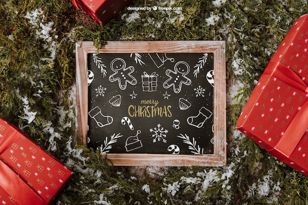 Download Christmas mockup with slate and presents PSD file | Free Download
