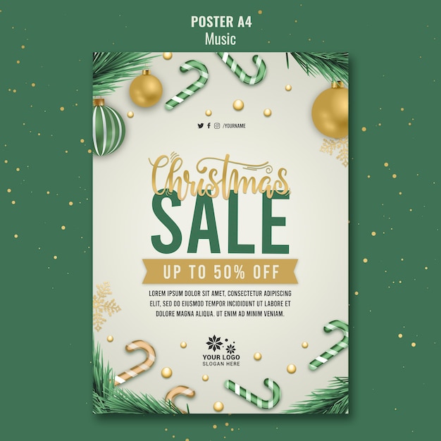 Christmas sale poster design template Free Psd - Green Gold and Gray Theme
