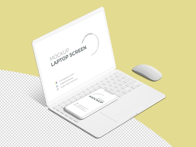 Download Clean isometric laptop screen and phone mockup template ... PSD Mockup Templates